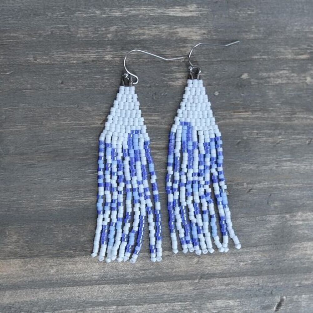 Flower Seed Beads Fringe Earrings Miyuki Delica White Blue Purple Handwoven
